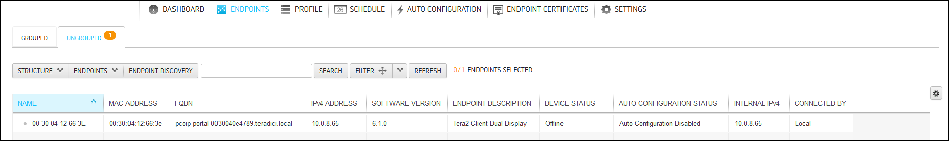 Management Screen Showing Discovered Endpoints