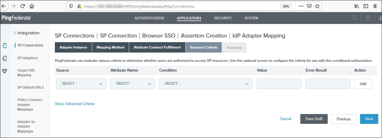 SP Connection IDP Adapter Mapping Issuance Criteria