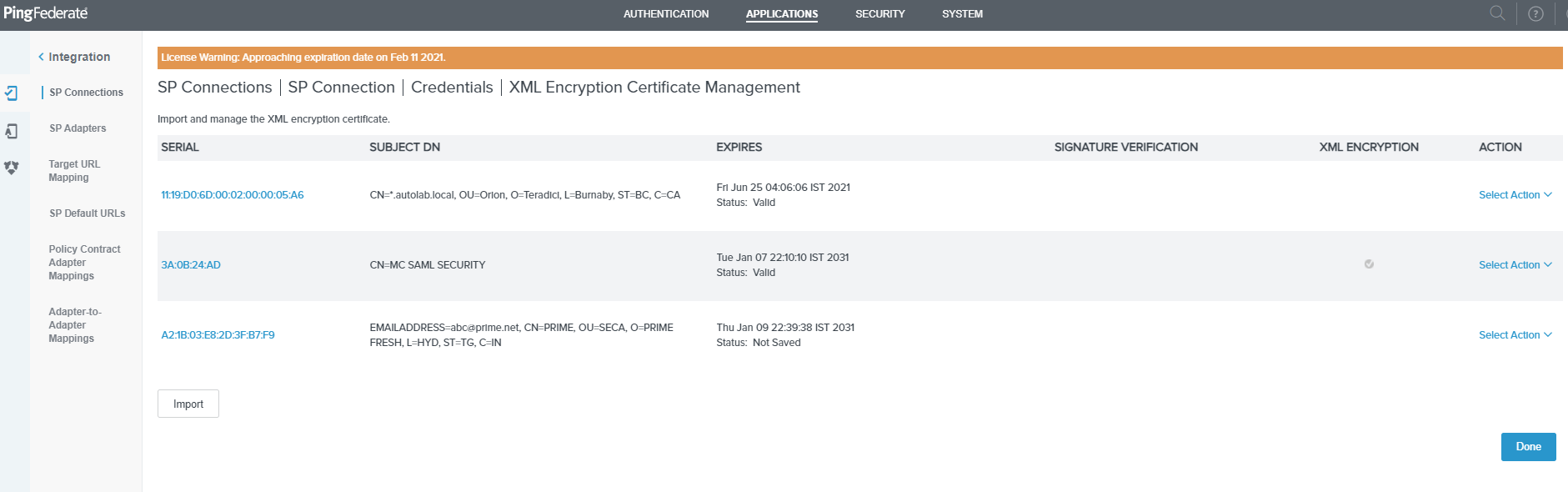 SP Connections Credentials XML Encryption Certificate Management 2