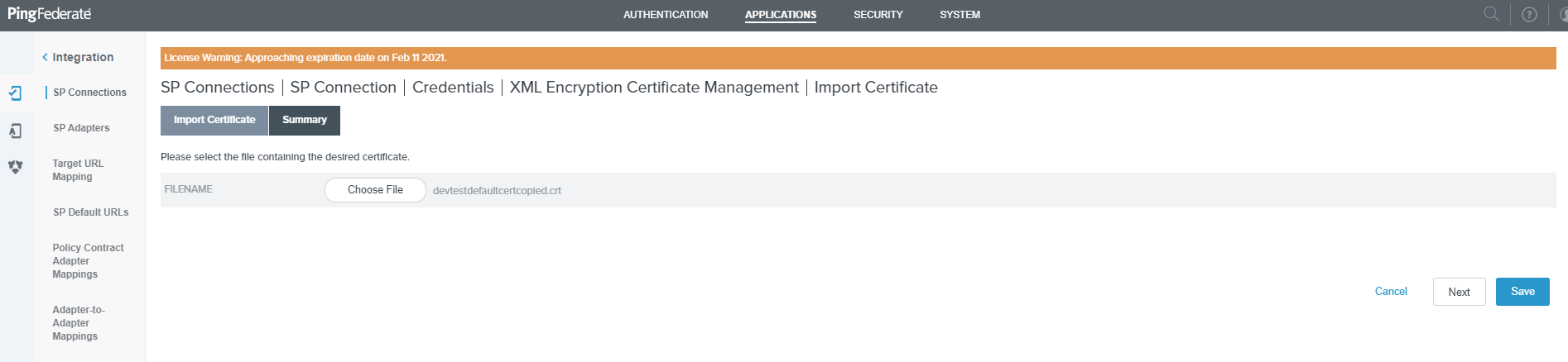 SP Connections Credentials XML Encryption Certificate Management-Import