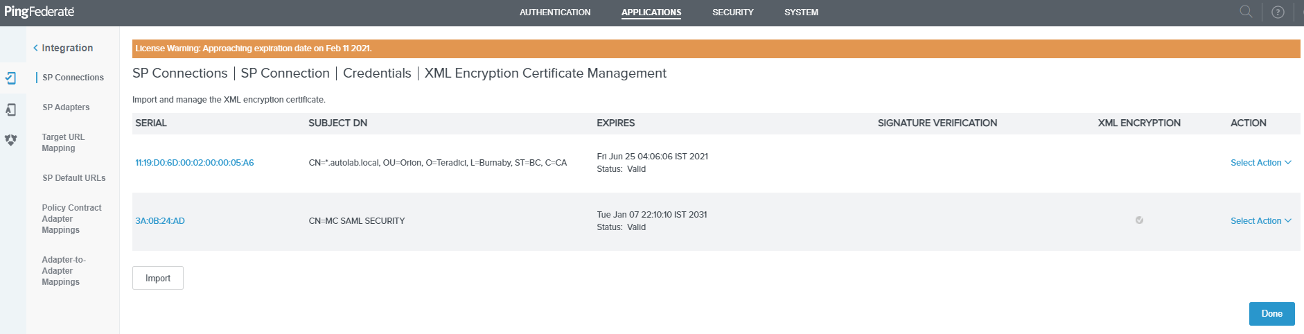 SP Connections Credentials XML Encryption Certificate Management